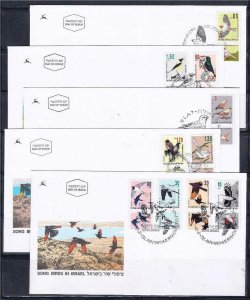 ISRAEL 1992 - 1994 SONG BIRDS FULL SET 10 STAMPS ON 5 FDC FAUNA