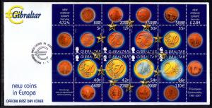 Gibraltar 895 Coins on Stamp Souvenir Sheet U/A FDC