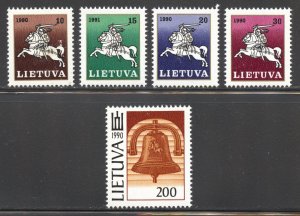 Lithuania Scott 379-82,384 MNHOG - 1991 White Knight and Liberty Bell -SCV $1.60