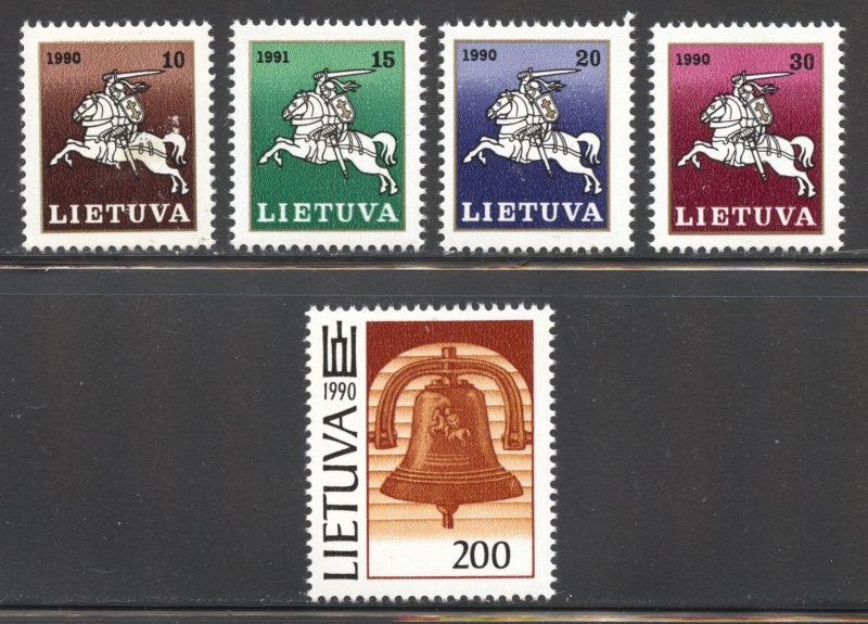 Lithuania Scott 379-82,384 MNHOG - 1991 White Knight and Liberty Bell -SCV $1.60