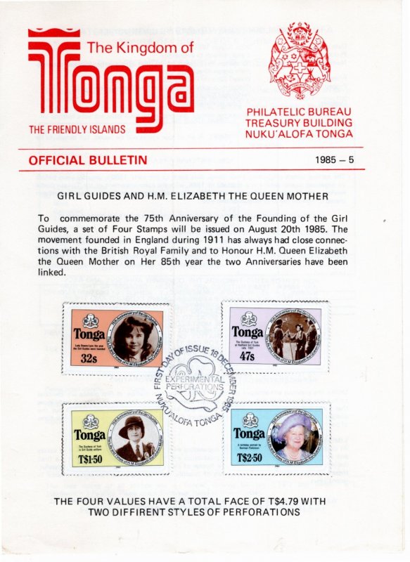 Tonga 1985 Sc 608-11 FD announcement folder 