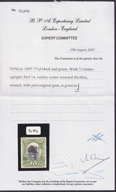 Tonga, Scott 47a (SG 48a), MHR Inverted Center variety, w/ BPA cert