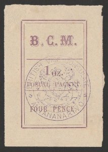 MADAGASCAR - BRITISH CONSULAR 1884 BCM 1oz-4d, error WITHOUT amendment. Rare. 