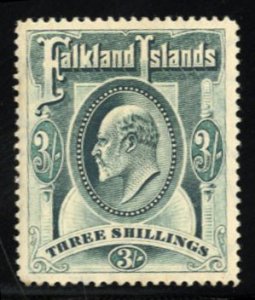 Falkland Islands #28 Cat$180, 1904 3sh gray green, lightly hinged