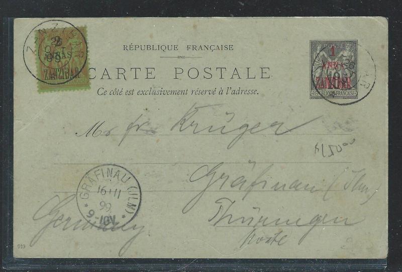 ZANZIBAR(PP2408B) FRENCH 1899 PSC 1A/10C UPRATED 2A/20C TO GERMANY NO MSG