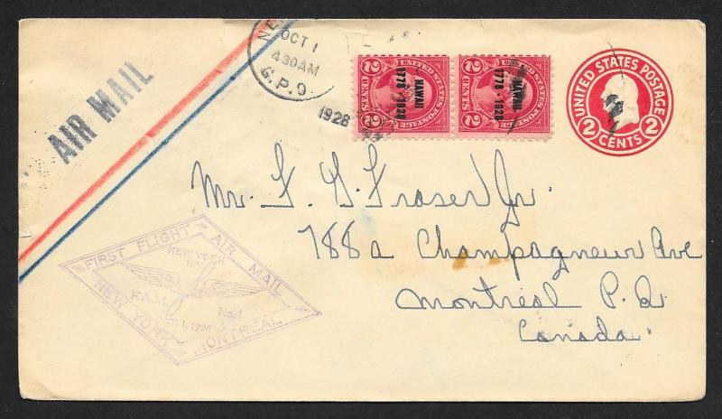 UNITED STATES First Flight Cover Sc#647 Pair on 1928 New York to Montreal