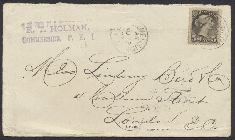 1897 #42 5c SQ Cover Summerside PEI to London St John NB Squared Circle on Back