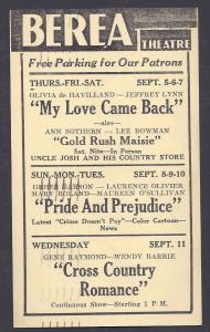 1940 BEREA THEATRE, PRIDE & PREJUDICE W/L OLIVIER & G GARSON BEREA OH, ETC