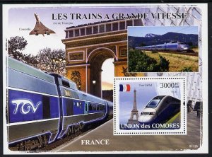 COMORO IS - 2008 - French High Speed Trains - Perf Min Sheet - MNH