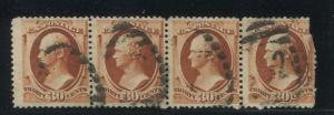 1888 US Stamp #217 30c Used Strip of 4 F/VF Canceld Catalogue Value $420