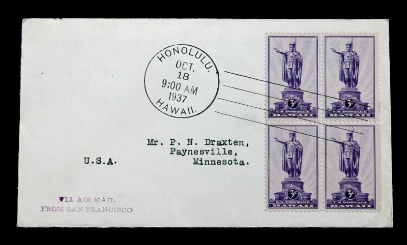 U.S. Stamp Sc# 799 FDC Block of 4 HAWAII KING KAKEHAMEHA STATUE