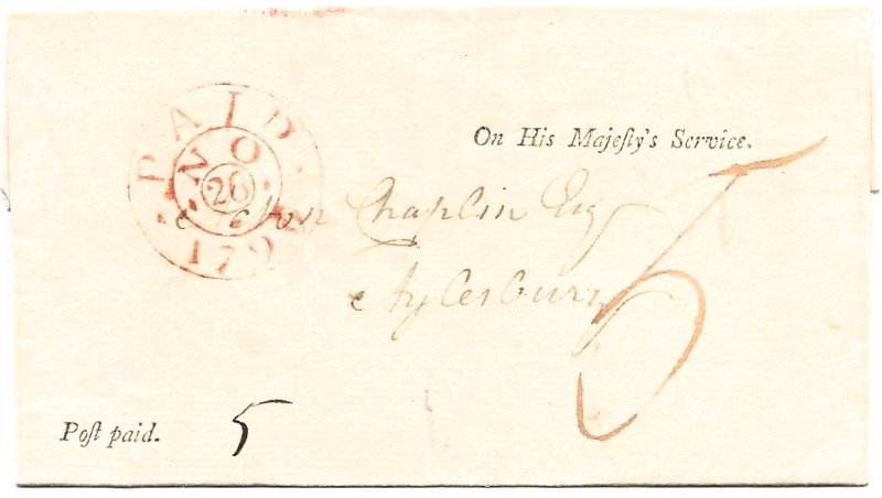 Britain Stampless Cover - His Majesties Service Paid 5