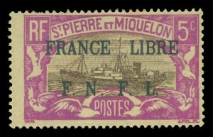 St. PIERRE & MIQUELON 1941 FRANCE LIBRE ovpt. Ship-Trawler 5c Sc# 208A mint MH