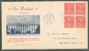 US 822 (1938) 17c Andrew Johnson (part of the Presidential/prexy series) block of four on an addressed (typed) First Day cover w