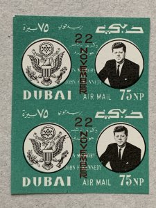 Dubai 1964 JFK Kennedy November 22 ovpt, imperf pair. Michel 144B, CV €30.00