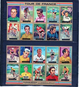 AJMAN 1972 CYCLING/TOUR DE FRANCE 2 SHEETS OF 10 STAMPS MNH