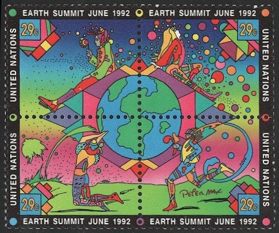 UNITED NATIONS 1992 Sc 608a 29c Mint NH, Block VF. Peter Max Earth Summit