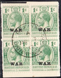 BRITISH HONDURAS SG 111 Used block on piece- March 1917 - Yellow Green - War Tax