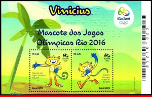 3319 BRAZIL 2015 MASCOTS OLYMPIC GAMES, VINICIUS, RIO 2016, S/S MNH