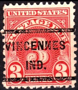 USA Precancels IN 1931 Sc J82 Due 3c Perf 11x10½. VINCENNES / IND.