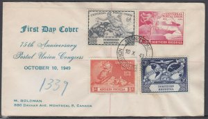 Northern Rhodesia Scott 50-3 FDC - 1949 UPU 75th Anniversary