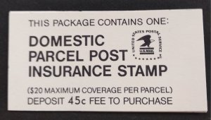 U.S.#Q15 Domestic Parcel Post Insurance Stamp, Complete Booklet 45c, MNH.