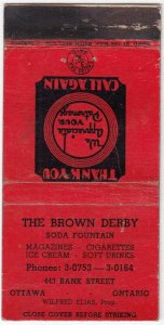 Canada Revenue 3/10¢ Excise Tax Matchbook THE BROWN DERBY Ottawa, Ontario