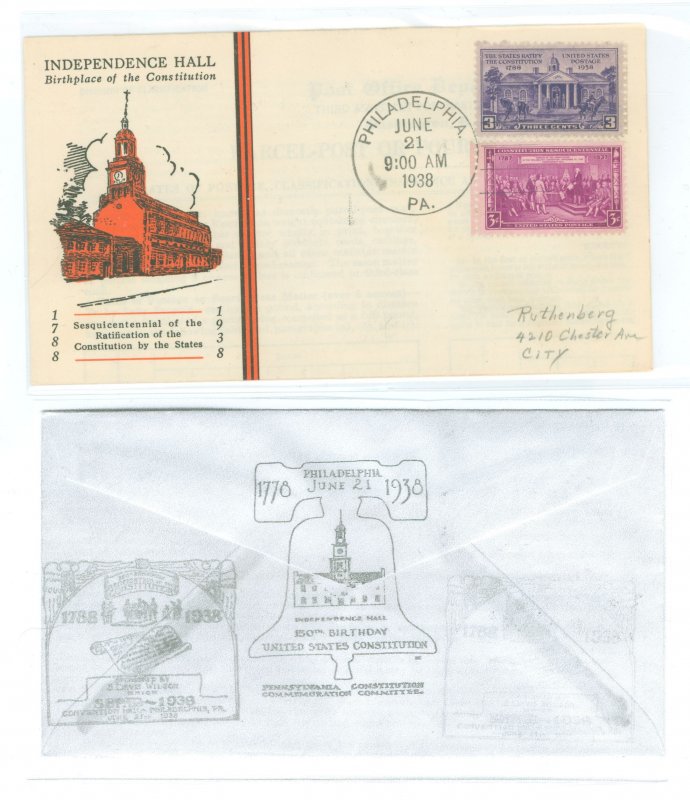 US 835 1938 3c Ratification of the Constitution (pair) on an addressed (pencil) first day cover with a Linprint cachet (two addi