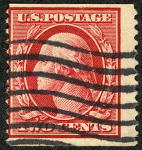 US #388 SCV $2,250. 2c Coil, Single line watermark, nice wavy line cancel, bo...