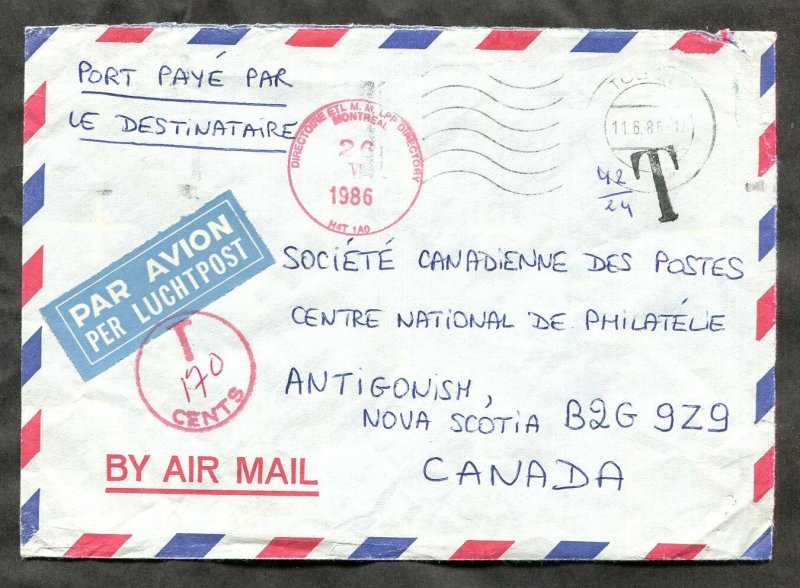 p974 - BELGIUM 1986 Cover to CANADA, Postage Due Markings