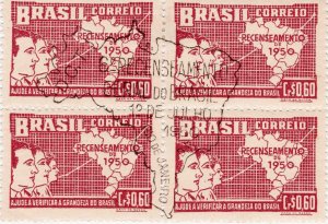 Brazil 1950 Sc 697 Unique Cancel National Census Hinged Block of 4 CTO O.G.