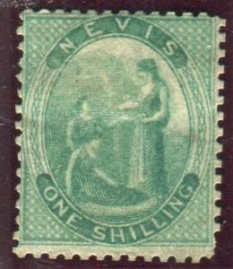 ST KITTS & NEVIS-1862 1/- Green (blued paper) average mounted mint example Sg 8a