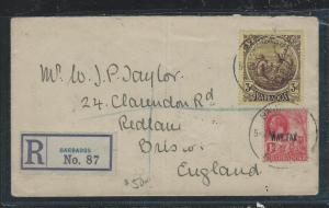 BARBADOS (PP2912B) KGV WAR TAX+SEHORSE 3D REG TO ENGLAND