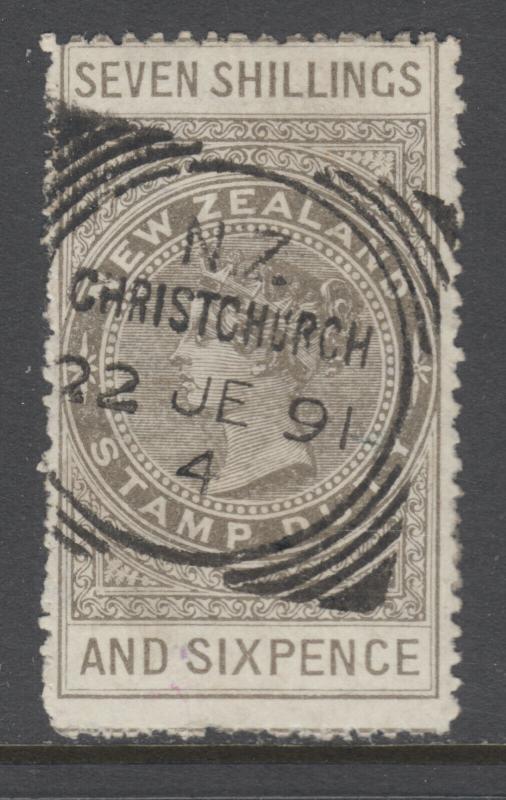 New Zealand Sc AR9, SG F16, used 1882 7sh 6p bronze gray QV Postal Fiscal, sound