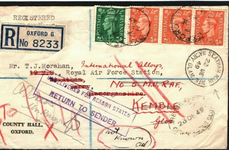 GB WALES Cover Forwarded *RAF ST.ATHAN* Barry Glam 1949 Registered Oxford M368