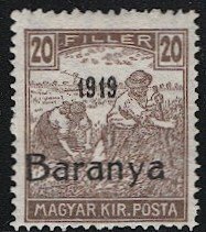 HUNGARY 1919 Serbian Occupation Sc 7N16  20f Baranya Issue, Mint LH, cv $20