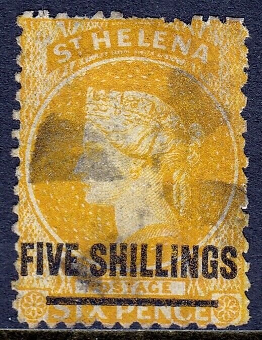 ST. HELENA — SCOTT 24 (SG 20) — 1868 5/- ON 6d QV ORANGE — USED — SCV $77.50