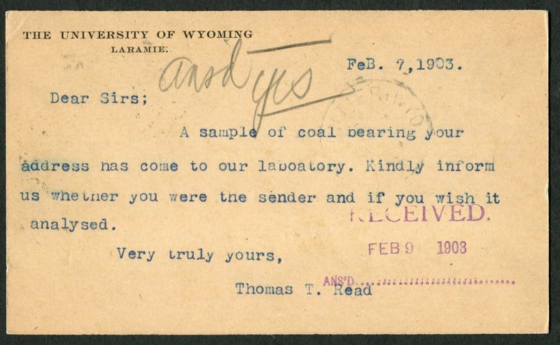 1903 Laramie to Kemmerer WY Postal Card University of Wyoming Coal Analysis