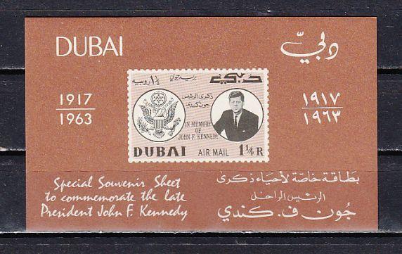 Dubai, Scott cat. C27a. President John Kennedy s/sheet. ^