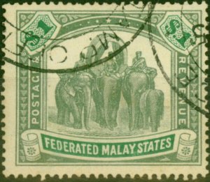 Fed of Malay States 1907 $1 Grey-Green & Green SG48 Fine Used Fiscal Cancel