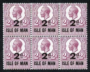 Isle of Man 1921 KGV 2d on 2d Revenue Stamp U/M Block of Six