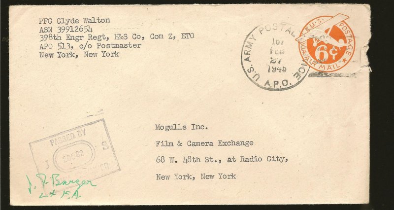USA SC#UC3 Censored US Army Postal Service APO PM 1945 Cover Used