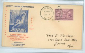 US 795 1937 3c Ordinance of 1787 (single) on an addressed FDC with a Garfield Perry stamp club cachet with an official city canc