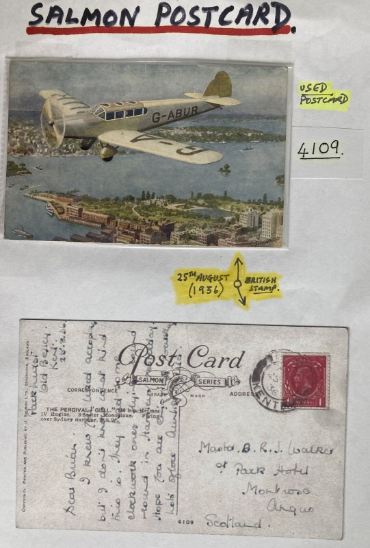 1936 Kent England Picture Postcard Cover The Percival Gull 130 HP Hermes IV 