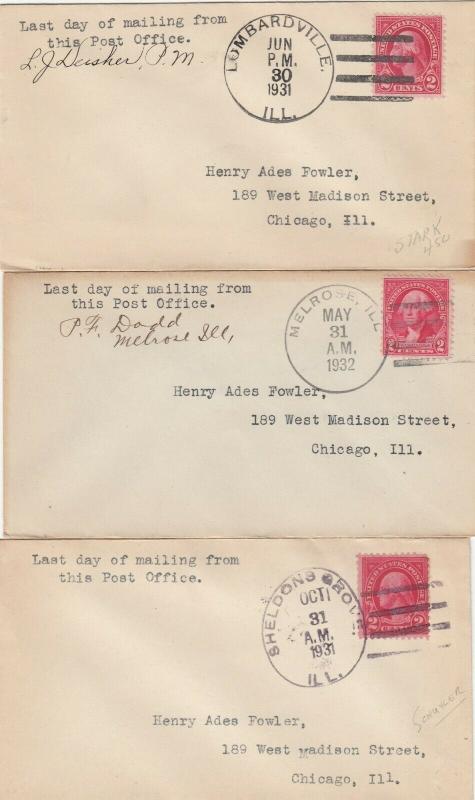 12 Covers Illinois Last Day DPOs 1931 - 1933 Some Signed by Postmaster