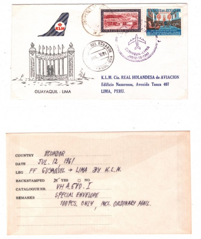 ECUADOR  Air Mail Cover KLM FIRST FLIGHT PERU Lima 1961 Guayaquil {samwells}KT76