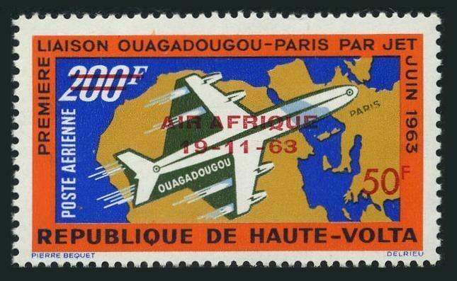 Burkina Faso C10,hinged.Michel 139. 1st Jet flight Ouadadougu-Paris,1963.Map.