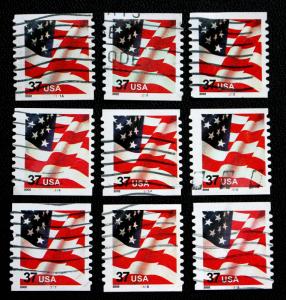 US Stamps Sc# 3632 Used Plate Number Singles Lot of 9 Flag Coil