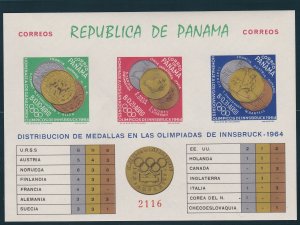 Panama  # 456Jk, Innsbruck Olympics Medals, ImPerf Souvenir Sheet, NH, 1/2 Cat.