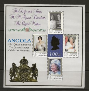 Angola 1999 Queen Mother 100 sheet of 4 values  MNH 